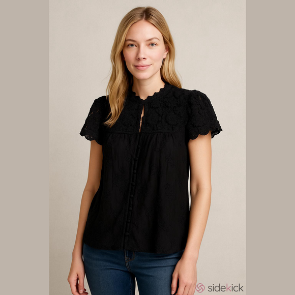 alice + olivia Tops - Women's Alice + Olivia Black Crochet Embroidered Blouse large